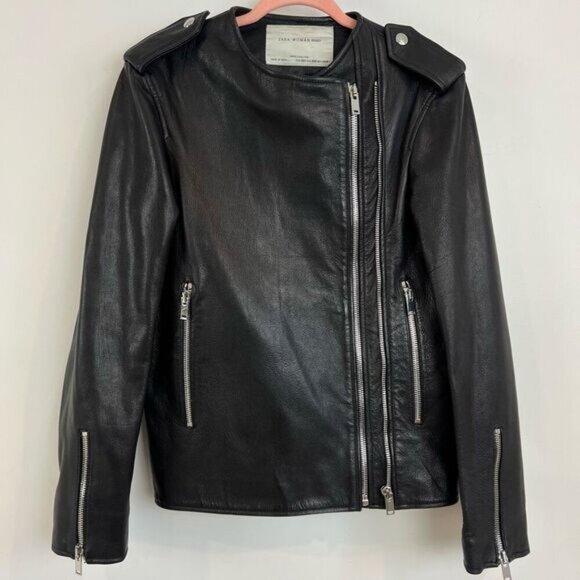 Zara Studio Women’s XS/S Black Goat Leather Motorcycle Jacket Oversized Rock - Picture 6 of 16